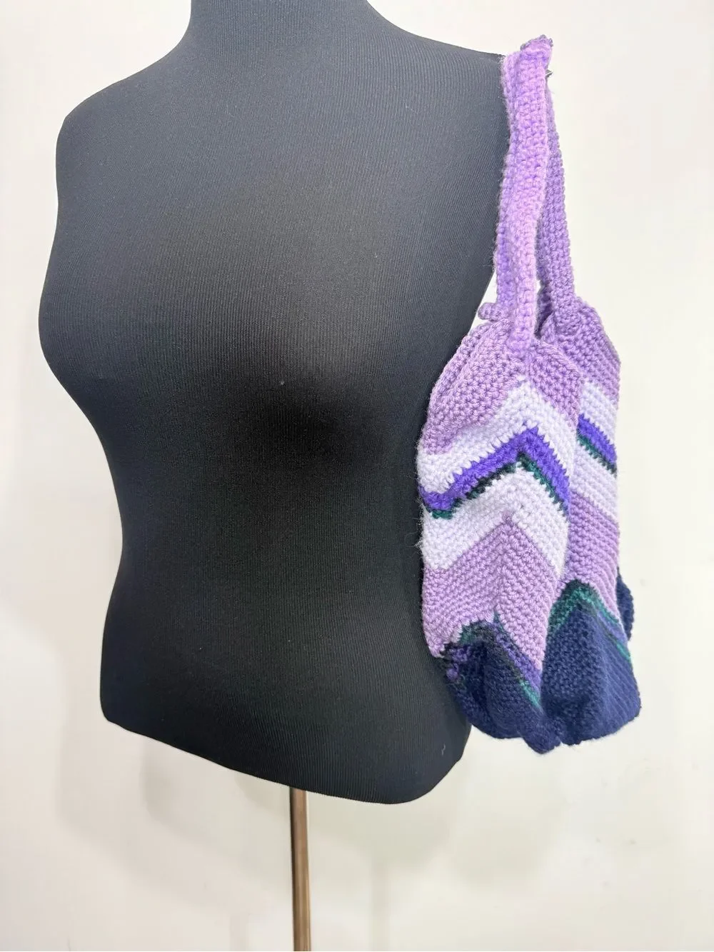 Hand Crafted Purple Striped Knit Tulip Shape Drawstring Strap Hobo Slouch Bag